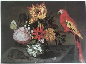 Vas med blommor med en mus och en papegoja av Jan Baptist van Fornenburgh